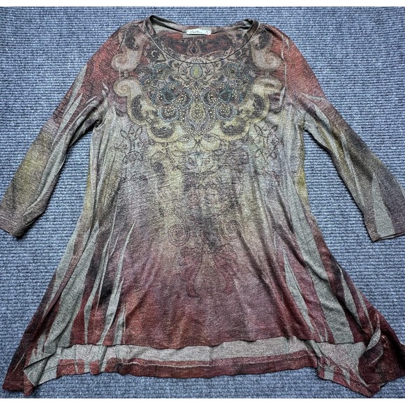 Cactus Tops - Cactus Shirt Womens Medium Brown Red Paisley Rhinestone 3/4 Sleeve‎ Tunic Boho